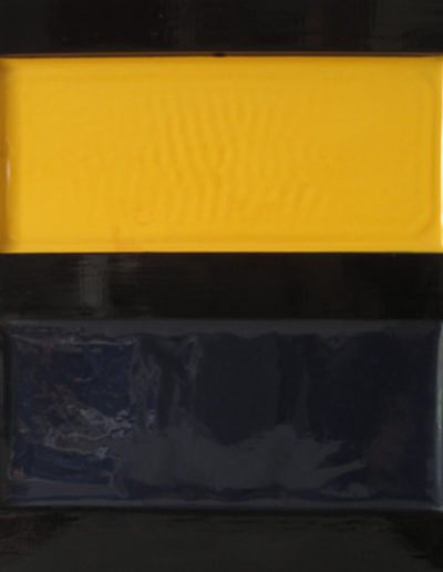 Roland Weber 1983 jaune bleu 702 série réceptacle huile sur toile 40 x 40 cm. Signature au dos, réf Я504