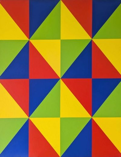 Roland Weber 1987 losange nouvelle pigmentation, jaune 160, rouge 152, bleu 381, vert 740-865 acrylique sur toile 100 x 81cm. Signature au dos